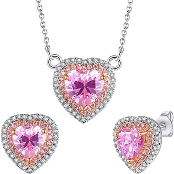 Pink Heart Necklace Earring Sets -18 inch Silver AAA Cubic Zirconia Love Jewelry - Picture 1 of 7